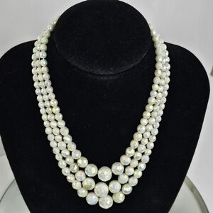 Vintage 3 Strand White Iridescent Faceted Bead Necklace Rhinestone Clasp